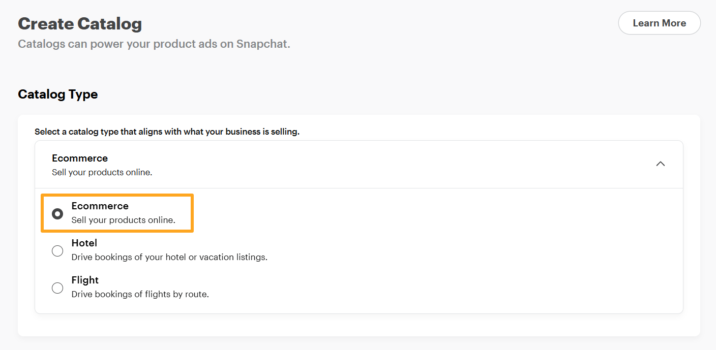 Snapchat Ads Manager Catalog Type